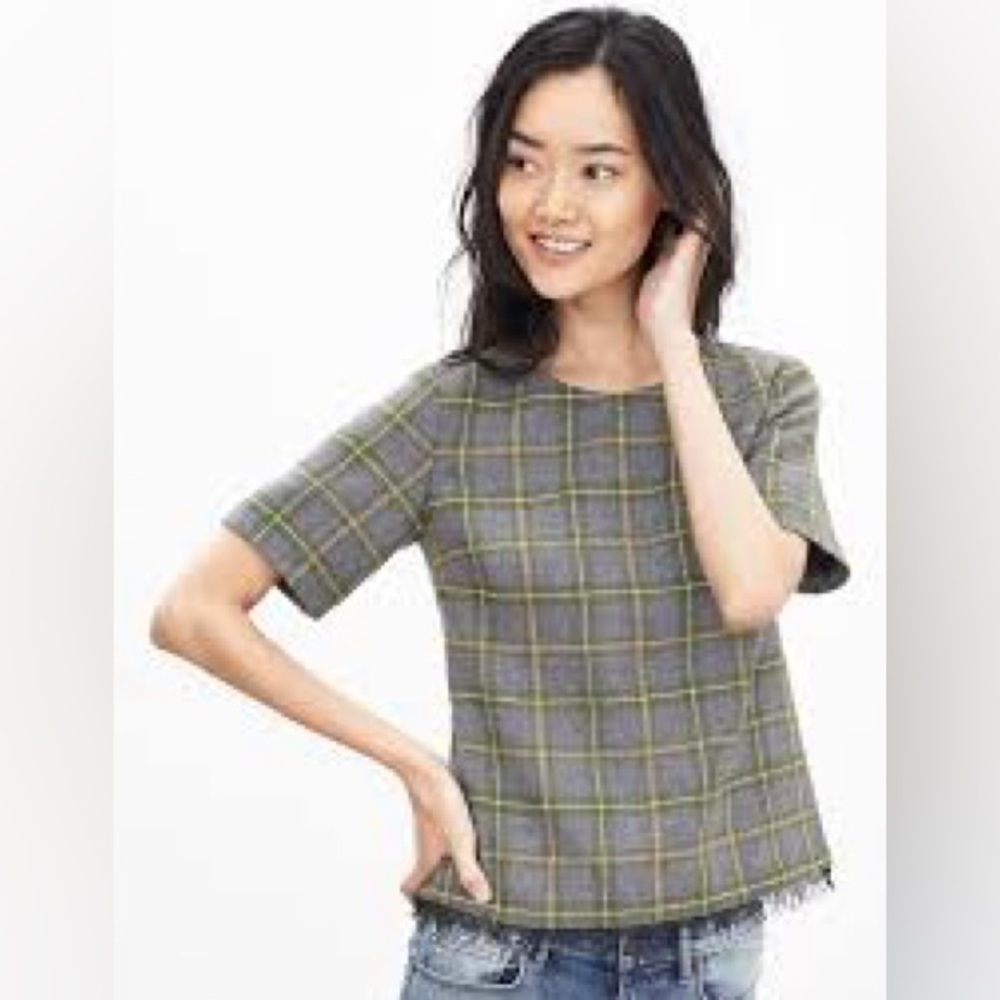 Banana Republic Brunch Wool Blend Tweed Top Gray Plaid Lace Trim XS Petite
